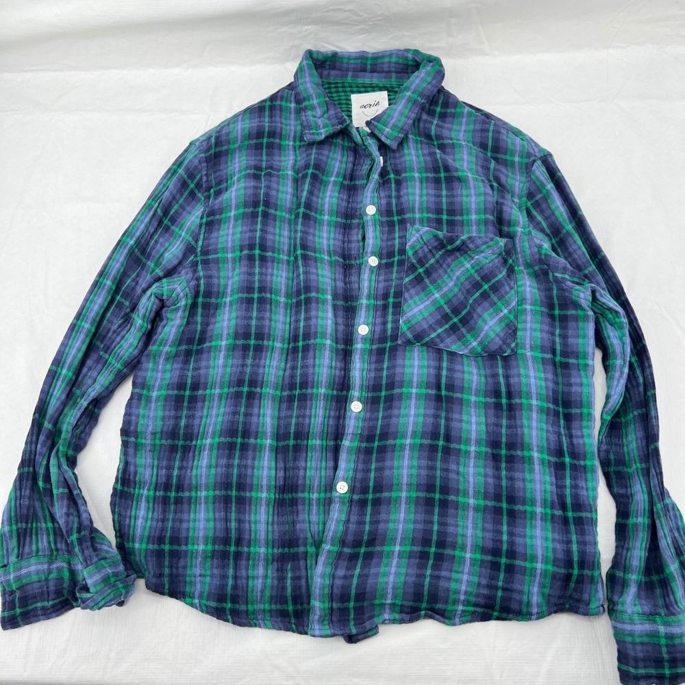 Aerie Women's Green Navy Blue Plaid Gauze Button Down Shirt Medium Long Sleeve